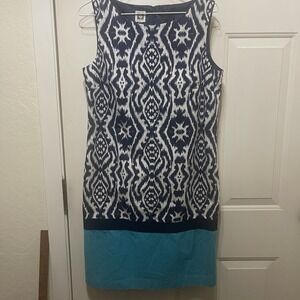 Women's Anne Klein Sleeveless Tribal Print Dress 6 Navy Blue White Light Blue